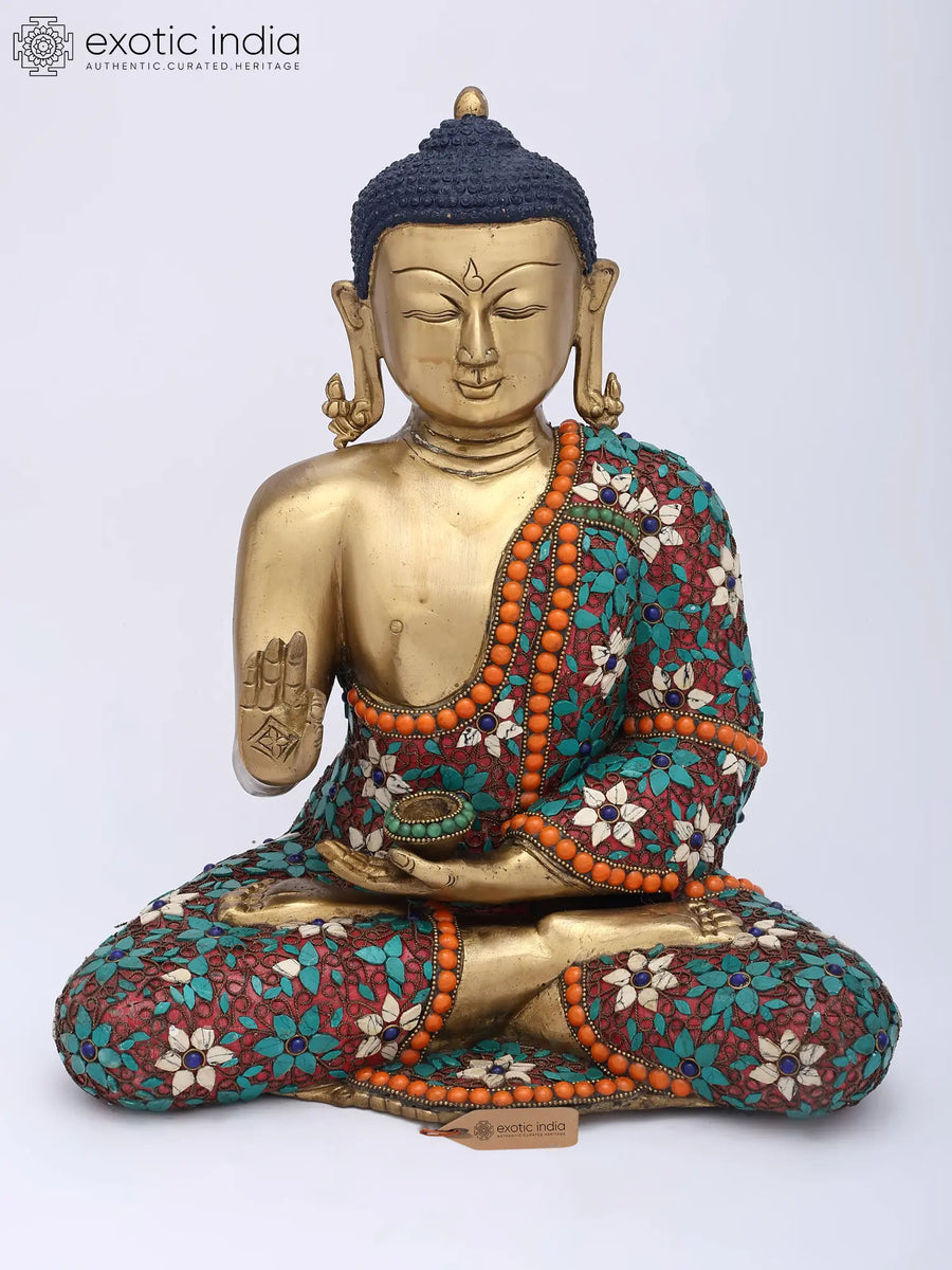 14" Tibetan Buddhist Lord Buddha Brass Statue with Floral Inlay Handmade