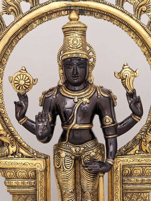 21" Chaturbhuja Standing Vishnu with Kirtimukha Ring In Brass | Handmade | Made In India