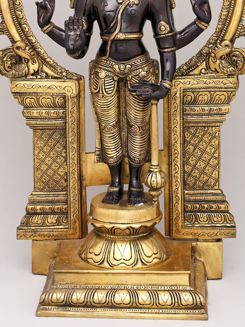 21" Chaturbhuja Standing Vishnu with Kirtimukha Ring In Brass | Handmade | Made In India