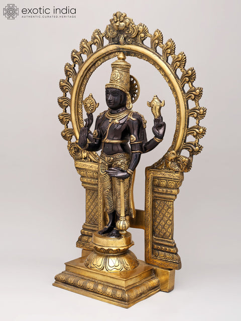21" Chaturbhuja Standing Vishnu with Kirtimukha Ring In Brass | Handmade | Made In India