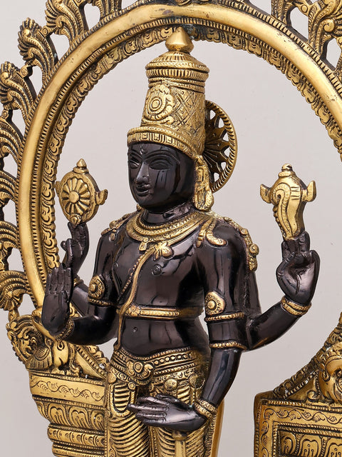 21" Chaturbhuja Standing Vishnu with Kirtimukha Ring In Brass | Handmade | Made In India