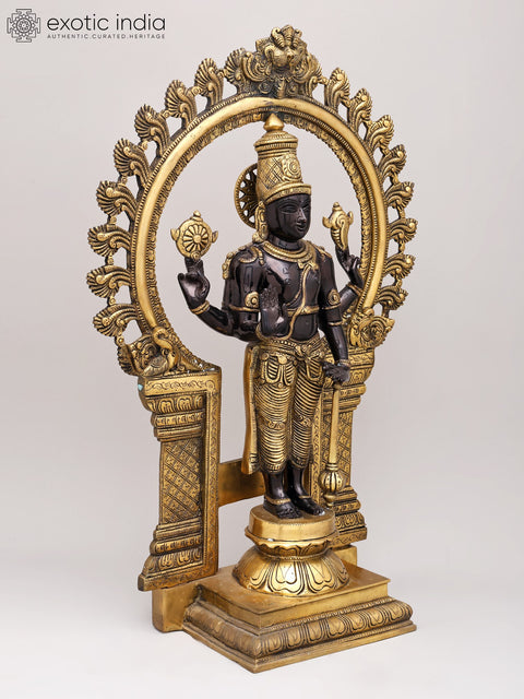 21" Chaturbhuja Standing Vishnu with Kirtimukha Ring In Brass | Handmade | Made In India