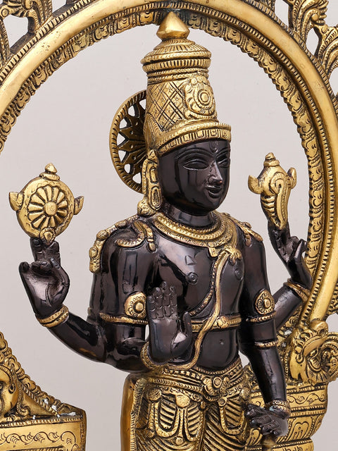 21" Chaturbhuja Standing Vishnu with Kirtimukha Ring In Brass | Handmade | Made In India