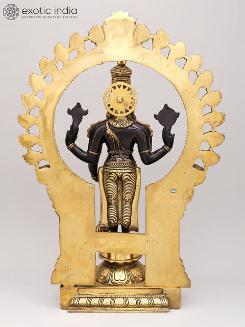 21" Chaturbhuja Standing Vishnu with Kirtimukha Ring In Brass | Handmade | Made In India