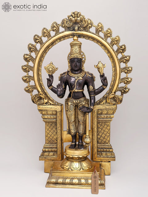 21" Chaturbhuja Standing Vishnu with Kirtimukha Ring In Brass | Handmade | Made In India