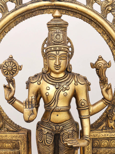 21" Chaturbhuja Standing Vishnu with Kirtimukha Ring in Brass | Handmade | Made in India