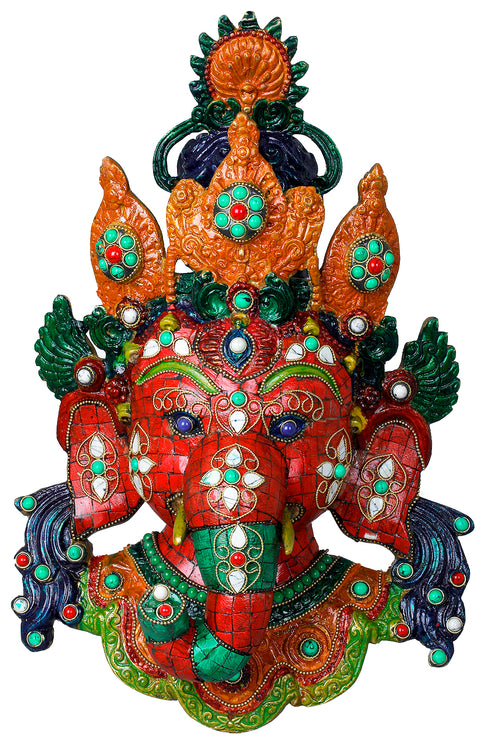 14" Ganesha Mask in Nepalese Style - Wall Hanging Inlay Brass Statue