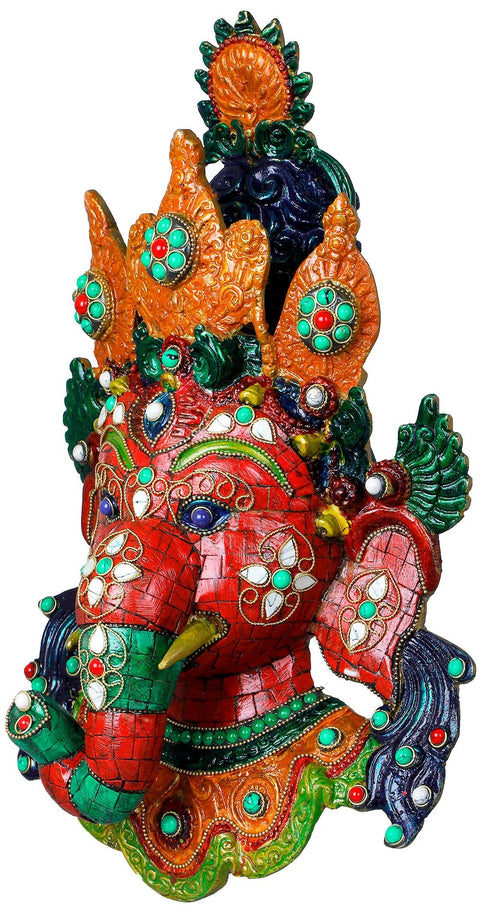 14" Ganesha Mask in Nepalese Style - Wall Hanging Inlay Brass Statue