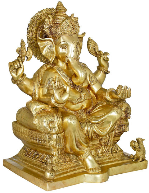 18" King Ganesha Granting Abhaya In Brass | Sacred Home Statue