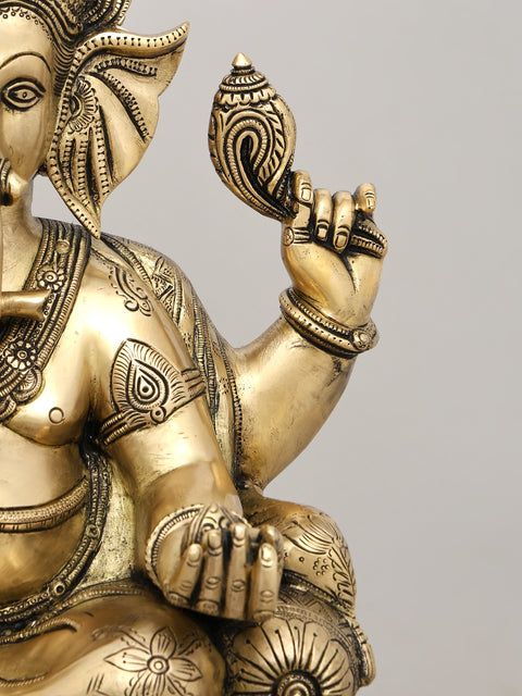 18" King Ganesha Granting Abhaya In Brass | Sacred Home Statue