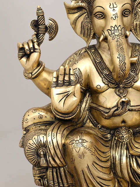 18" King Ganesha Granting Abhaya In Brass | Sacred Home Statue