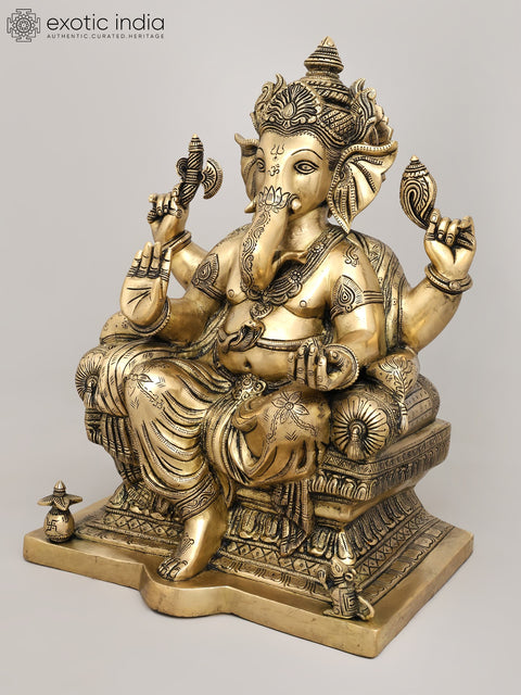 18" King Ganesha Granting Abhaya In Brass | Sacred Home Statue