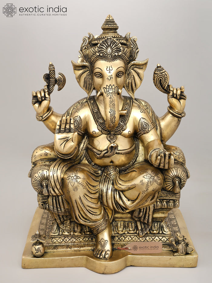 18" Ganesha Granting Abhaya Brass Statue For Pooja