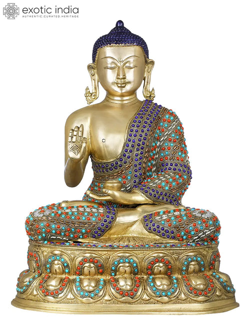 18" Brass Shakyamuni Buddha on Double Lotus Seat - Handmade Tibetan Buddhist Idol