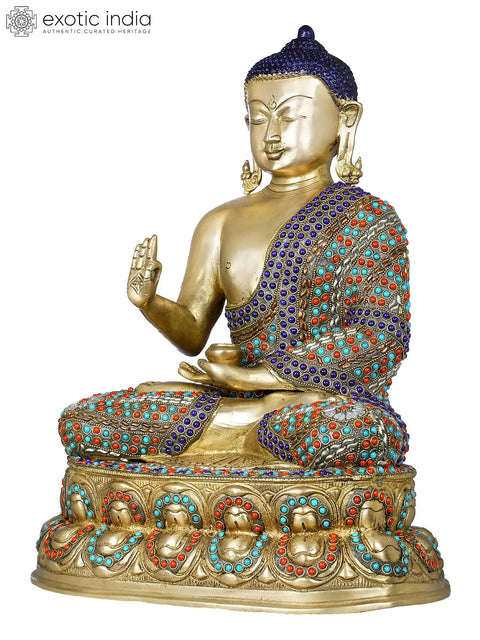 18" Tibetan Buddhist Shakyamuni Buddha on Double Lotus Seat In Brass | Handmade | Made In India