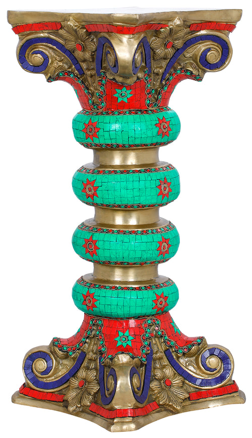 Brass Pedestal with Colorful Inlay Work Statue Base