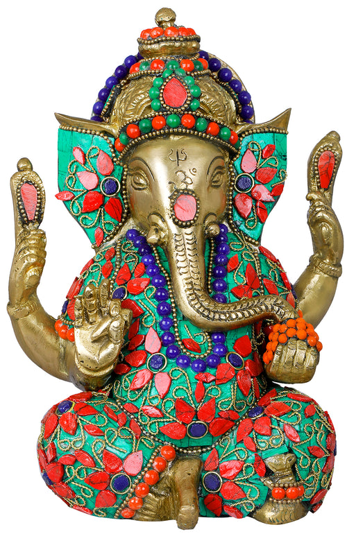 7" Handmade Brass Ganesha Idol with Inlay Work