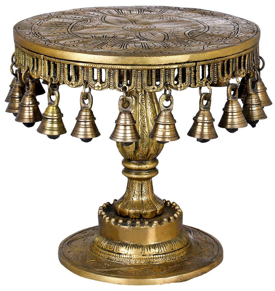 Brass Ritual Chowki Pedestal with Bells for Pooja