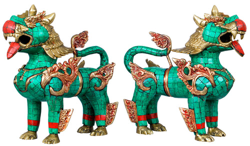 Temple Lion Pair Brass Statue Set