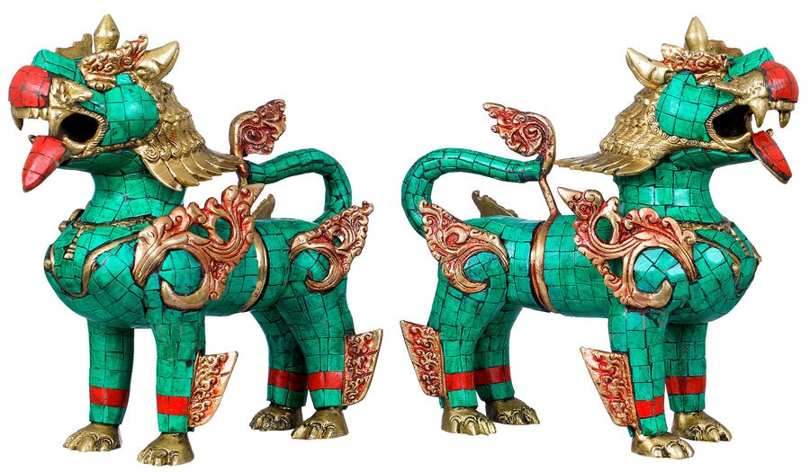 Temple Lion Pair Brass Statue Set