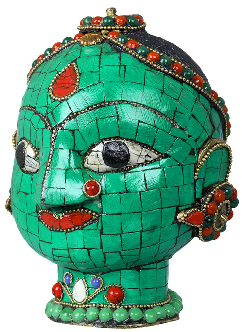 6" Handmade Devi Head Brass Statue with Braided Detail