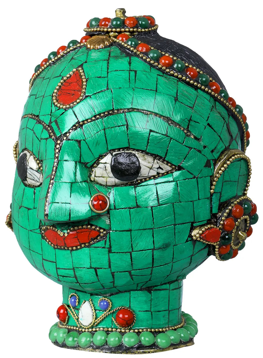 6" Handmade Devi Head Brass Statue with Braided Detail