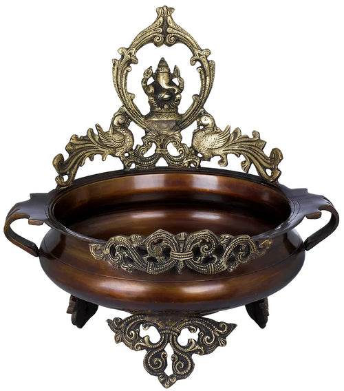 14" Brass Ganesha Urli with Peacocks Handmade Statue