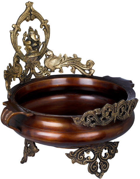 14" Ganesha Urli with Peacocks in Brass | Handmade | Made in India