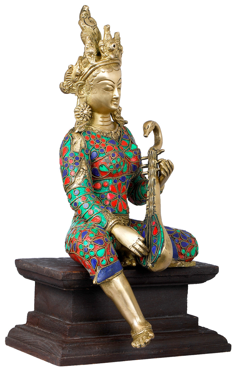 14" Handmade Brass Devi Saraswati Statue with Wooden Pedestal