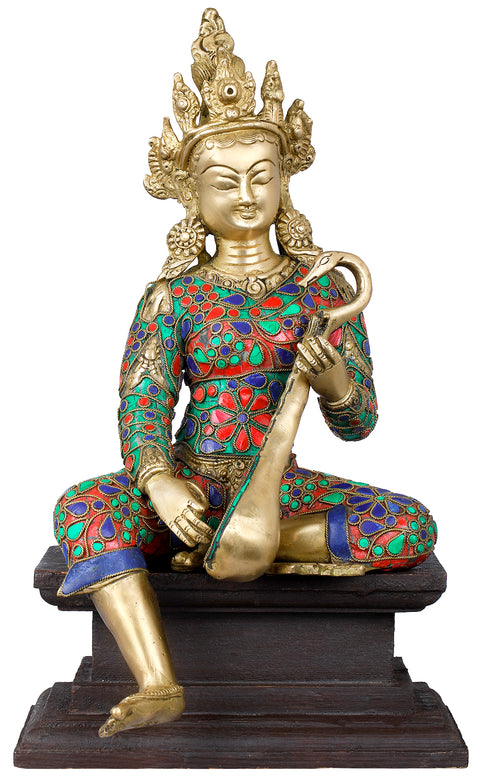 14" Devi Saraswati Seated on Wooden Pedestal In Brass | Handmade | Made In India