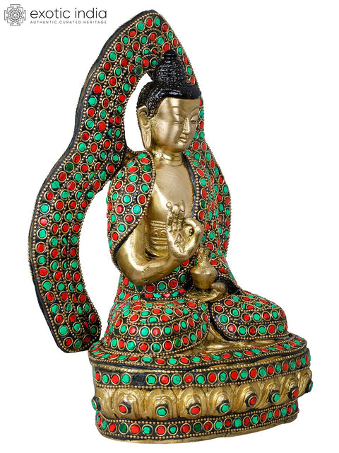9" Lord Buddha Seated on Lotus Throne - Tibetan Buddhist In Brass | Handmade | Made In India