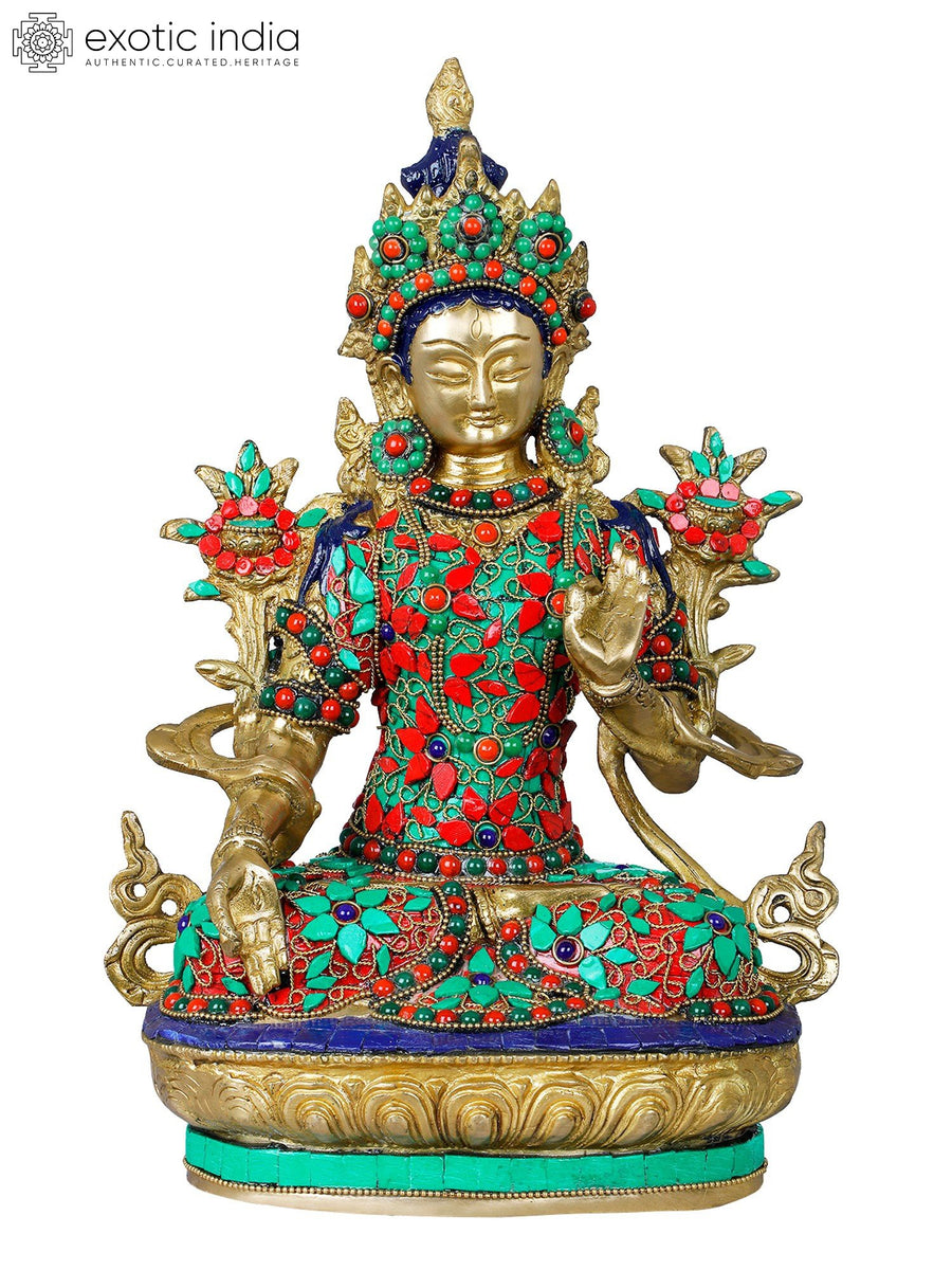 12" Handmade Seven-Eyed White Tara Brass Idol with Inlay