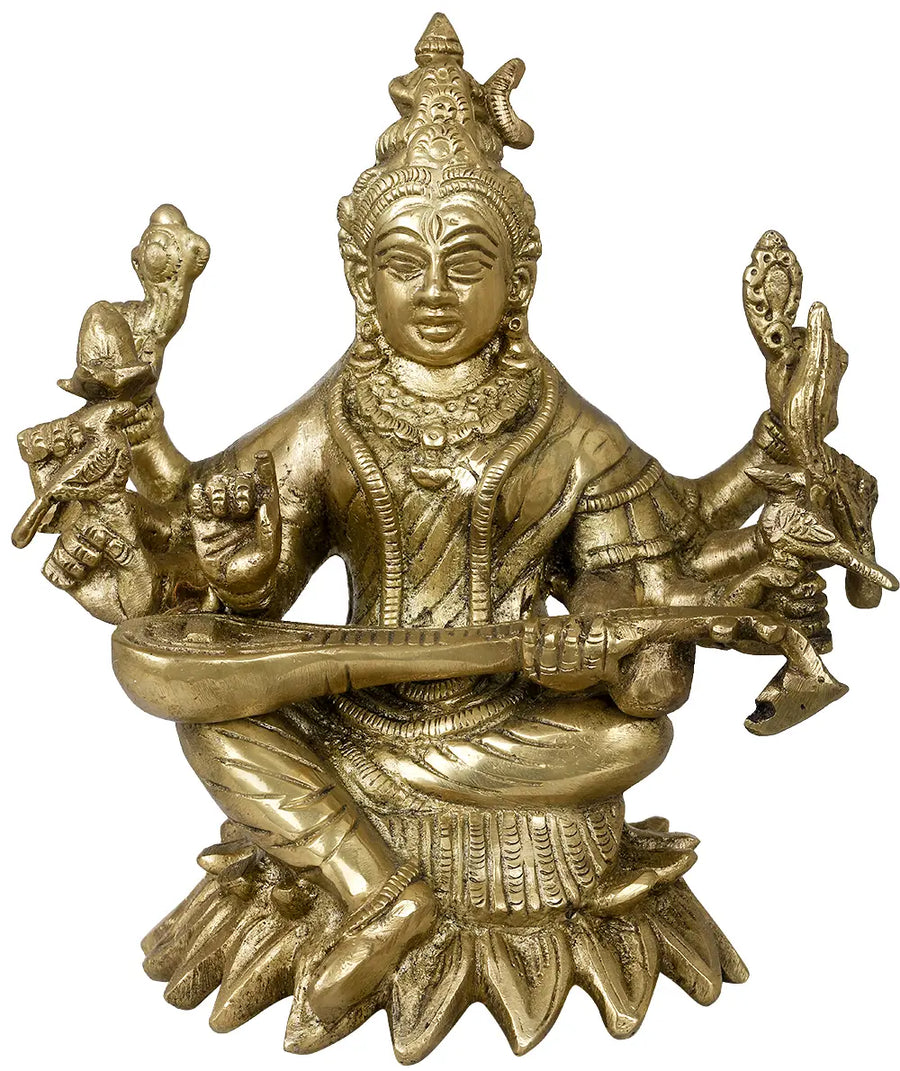 7" Eight-Armed Goddess Saraswati Handmade Brass Statue