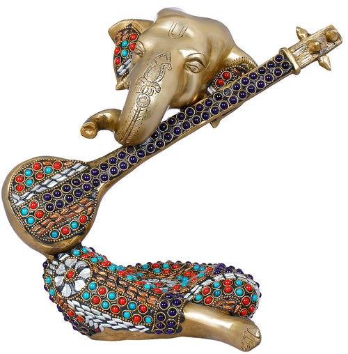 9" Handmade Brass Ganesha Musical Statue for Home Decor