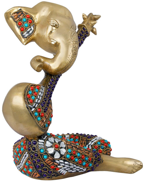 9" Stylized Musical Ganesha In Brass | Handmade | Made In India