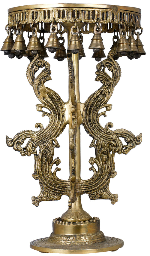 Floral Brass Pedestal Chowki with Bells for Pooja