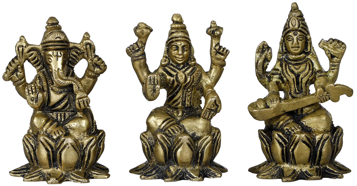 2" Lakshmi Ganesha Saraswati Small Size Brass Idol | Handmade | Made in India