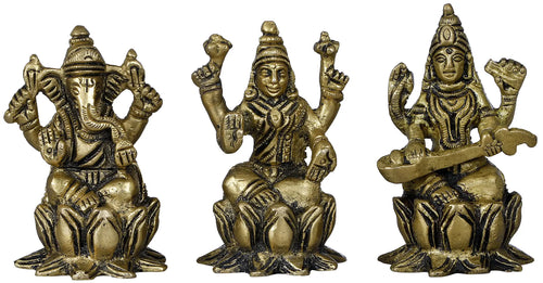 2" Lakshmi Ganesha Saraswati Handmade Brass Idol