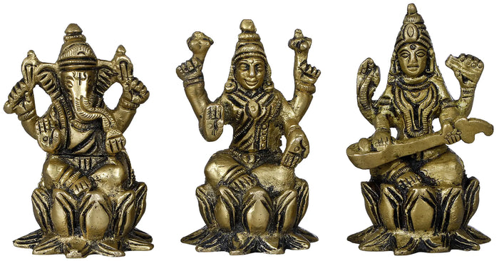 2" Lakshmi Ganesha Saraswati Small Size Brass Idol | Handmade | Made in India