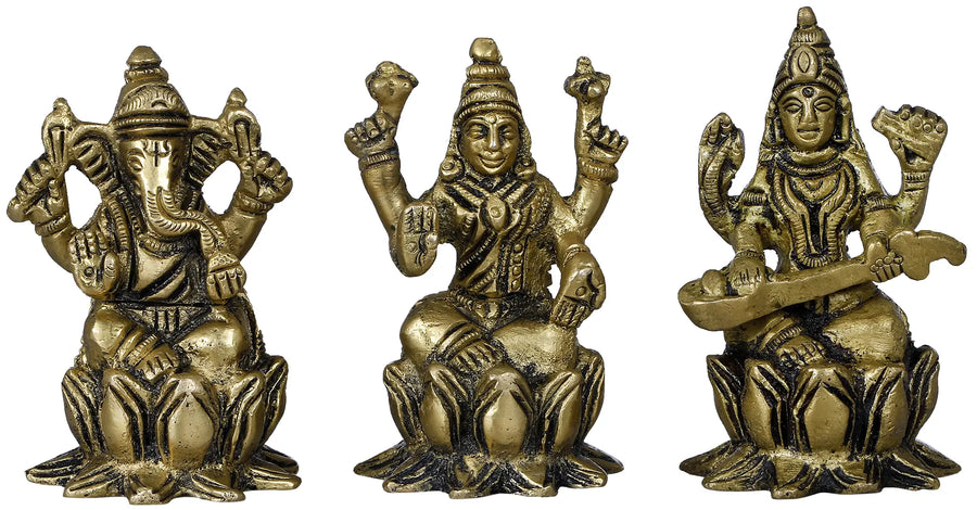 2" Lakshmi Ganesha Saraswati Handmade Brass Idol