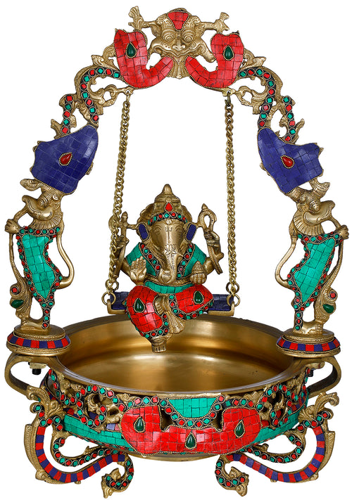 21" Ganesha Swing Urli Brass Statue Handmade Home Decor