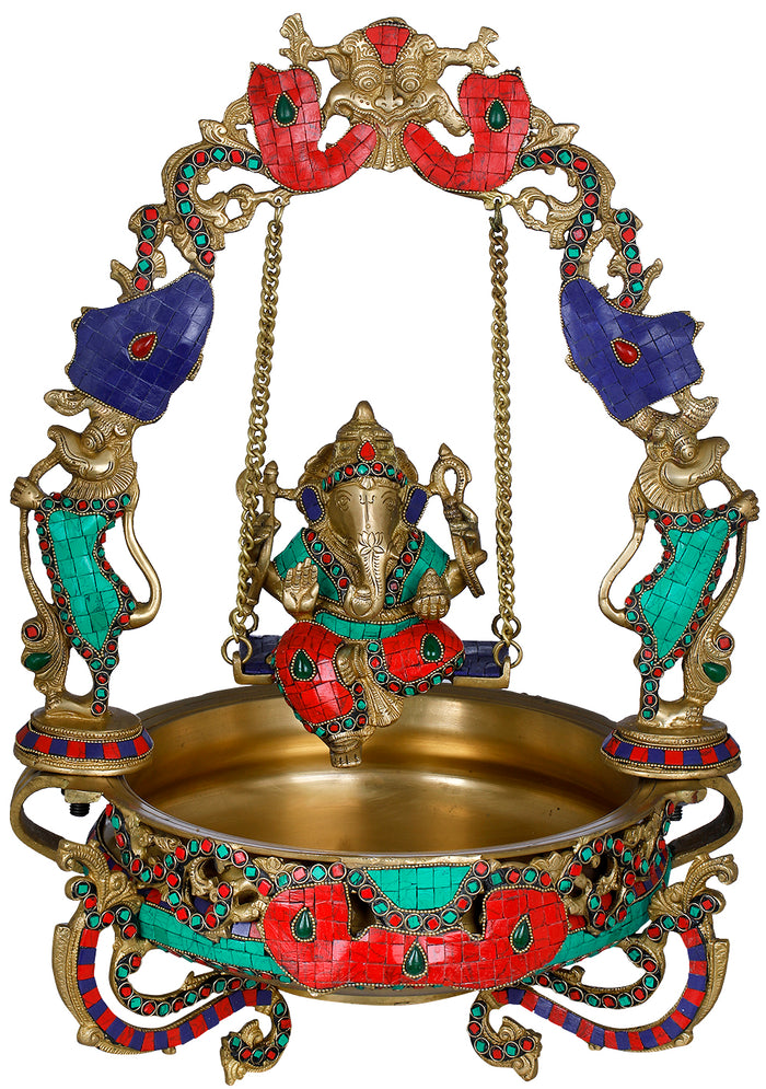 21" Ganesha Swing Urli Brass Statue Handmade Home Decor