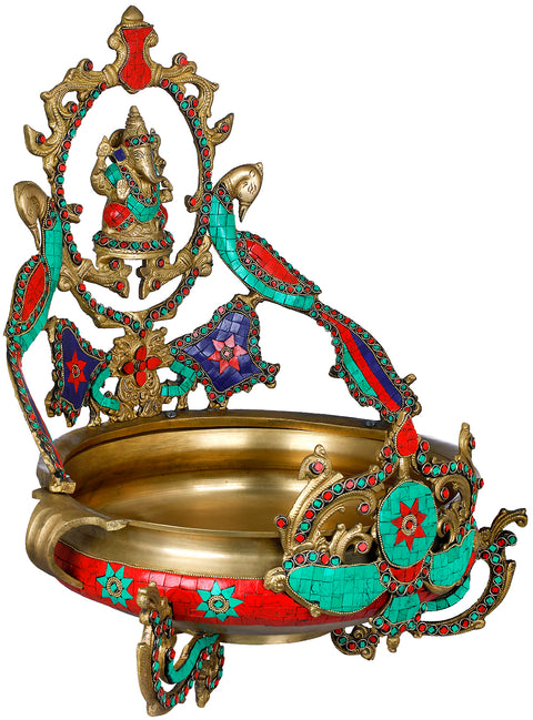 19" Ringed Lord Ganesha Brass Urli | Handmade Housewarming Gift