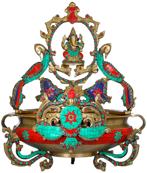19" Ringed Lord Ganesha Brass Urli Handmade Home Decor