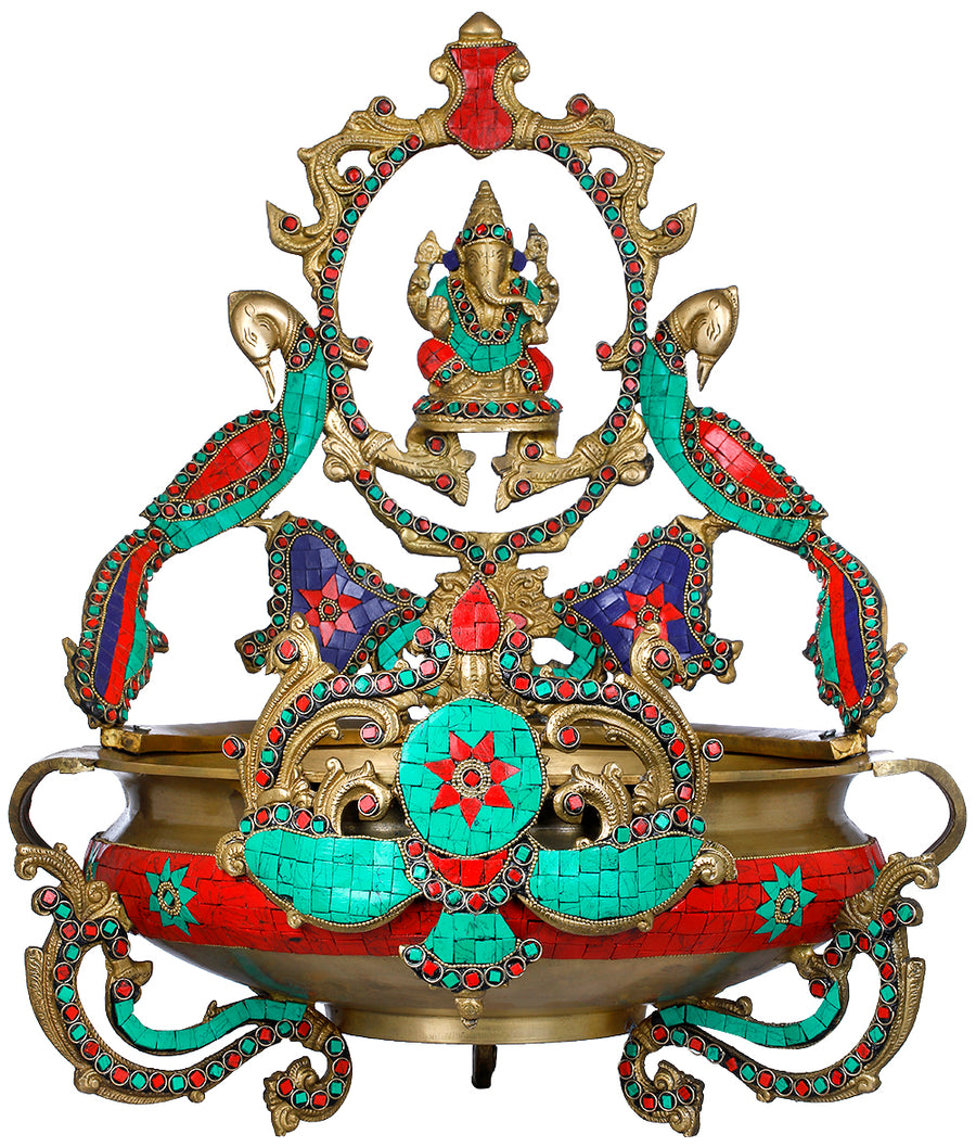 19" Ringed Lord Ganesha Brass Urli Handmade Home Decor
