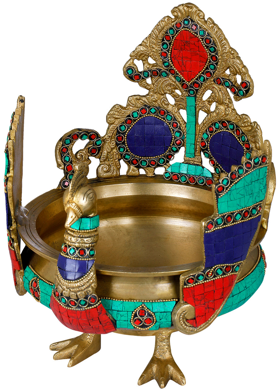 Jewelled Peacock Brass Urli Home Decor