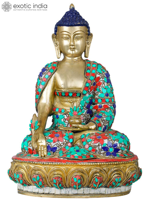 12" Handmade Brass Medicine Buddha Statue with Medicinal Herbs Bowl