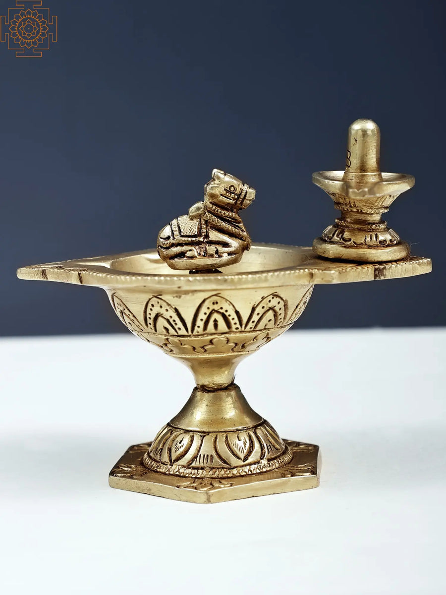 4" Nandi Diya with Shiva Linga Brass Statue Handmade