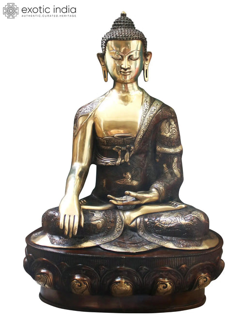 33" Lord Buddha Seated on Lotus Brass Statue for Pooja