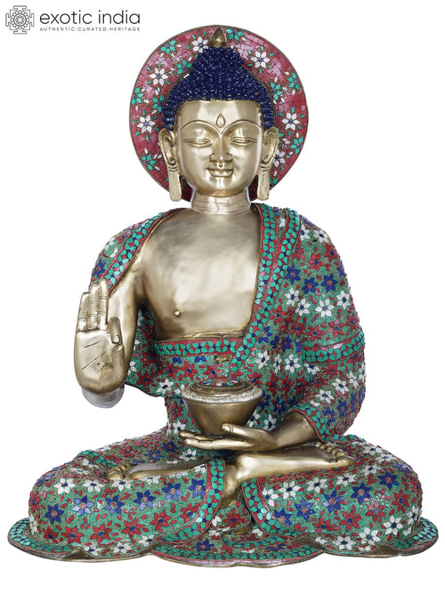 28" Lord Buddha Brass Statue with Inlay Work Handmade